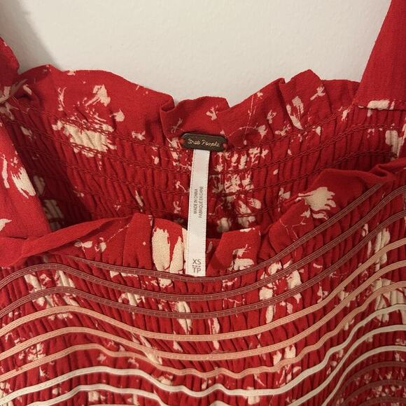 Free People Color My World Wide-leg Jumpsuit XS Smocked Tie Shoulder Red Floral - Picture 4 of 11